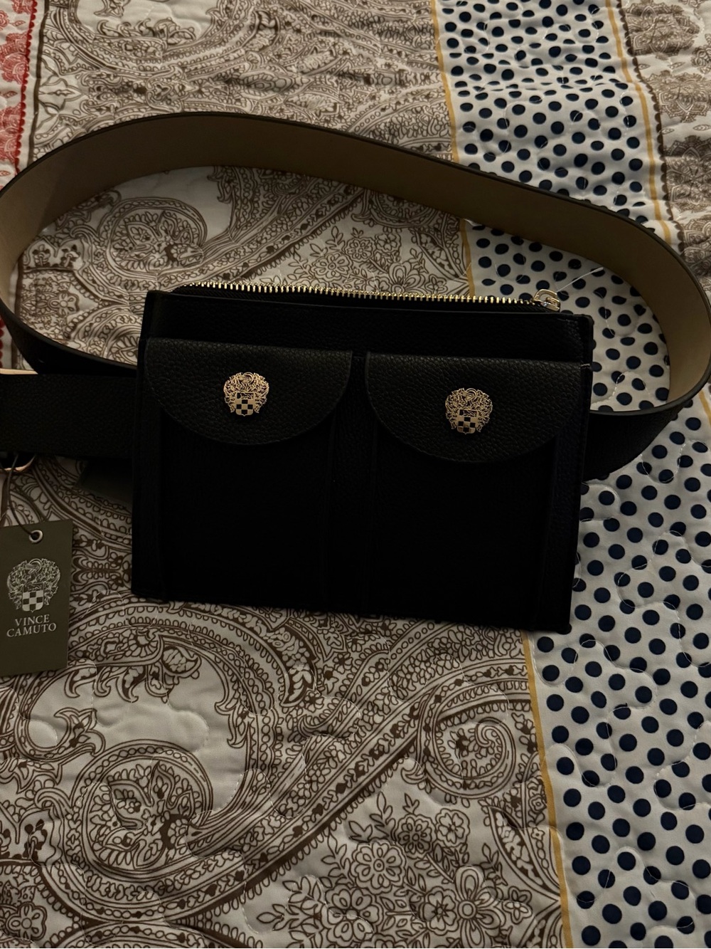 Vince Camuto Black Leather Crossbody Belt Bag with Gold Lion Hardware